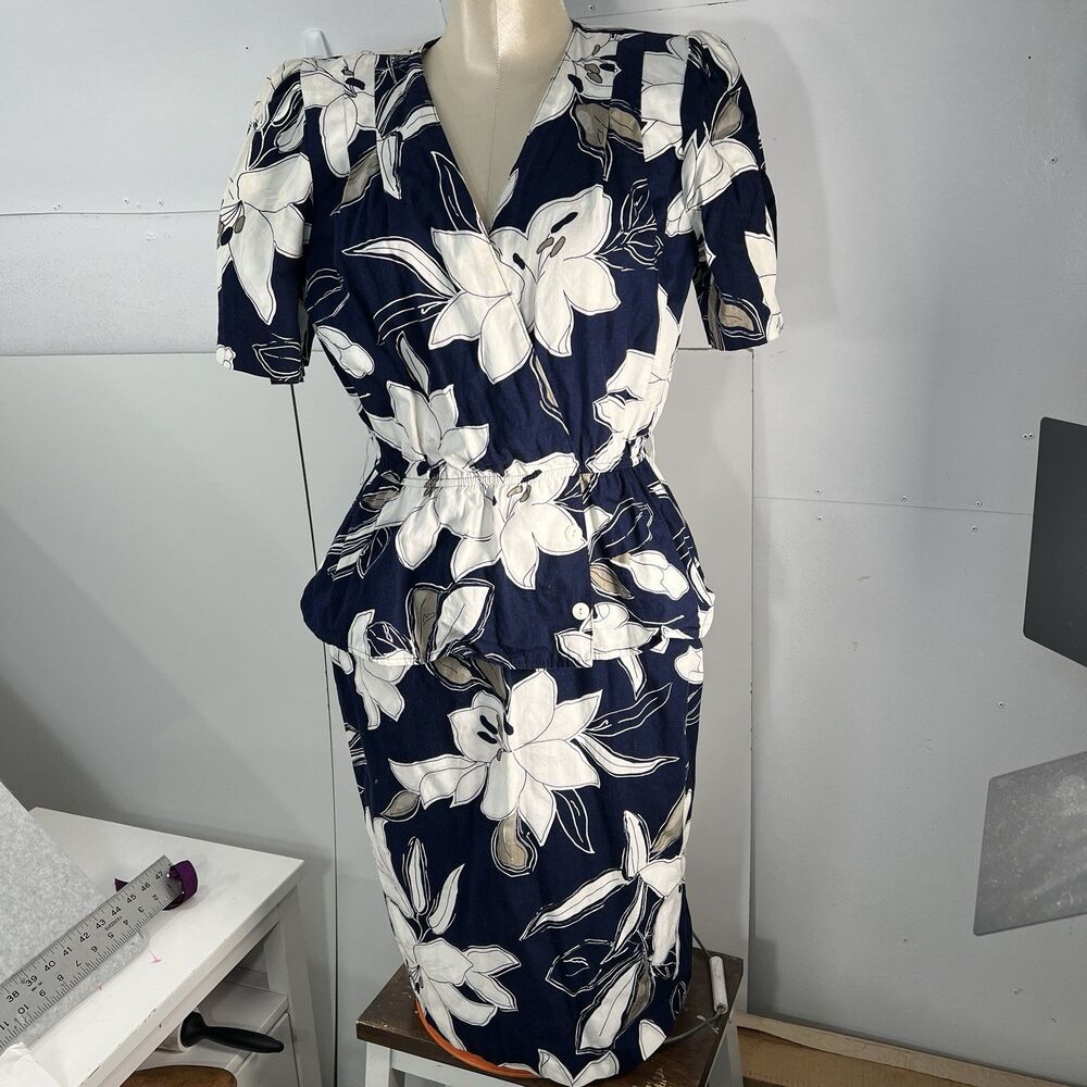 Vintage 90s JR Too John Richard Dress Floral Peplum Midi 10 Medium Hawaiian